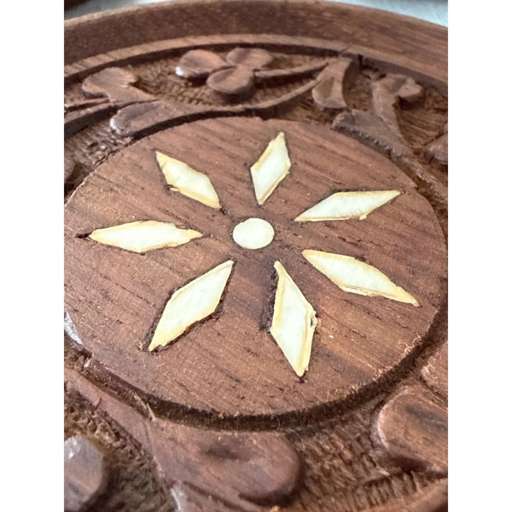 Vintage Busch Gardens Hand-Carved Bone Inlay Wood Coaster Set - 6 Floral